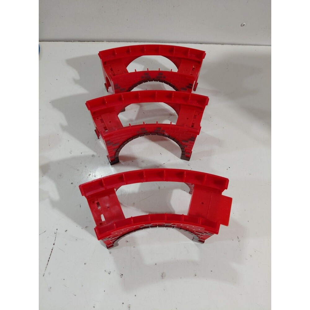 3 Red Plastic Wooden Railroad Curved Bridge Trestles